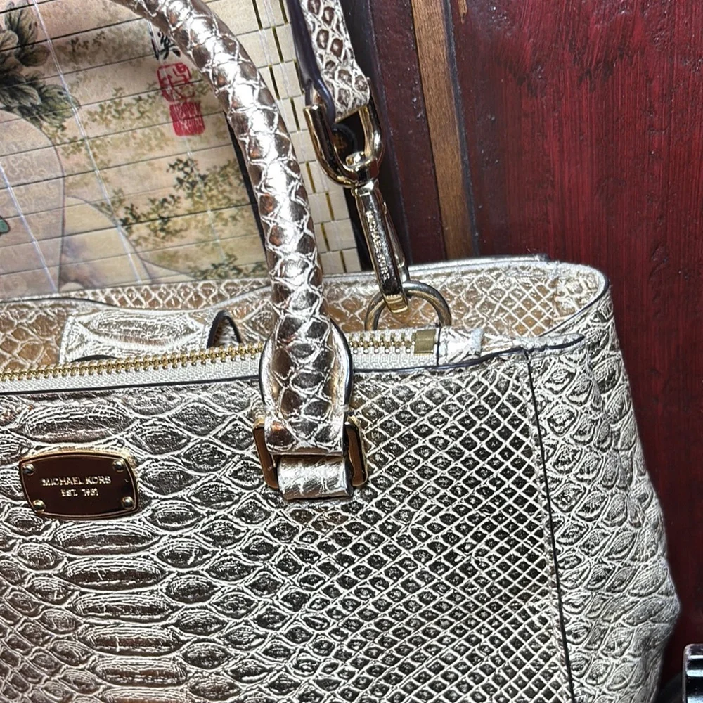 MICHAEL Michael Kors Metallic Gold Snakeskin Satchel w Dust Bag, Gold Tone Charm